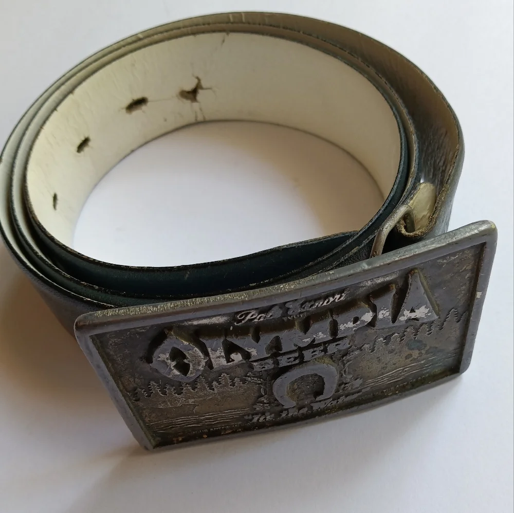 Vintage 1974 Lewis Buckle Co Leather Pin Belt Olympia Beer Logo Buckle Size 36